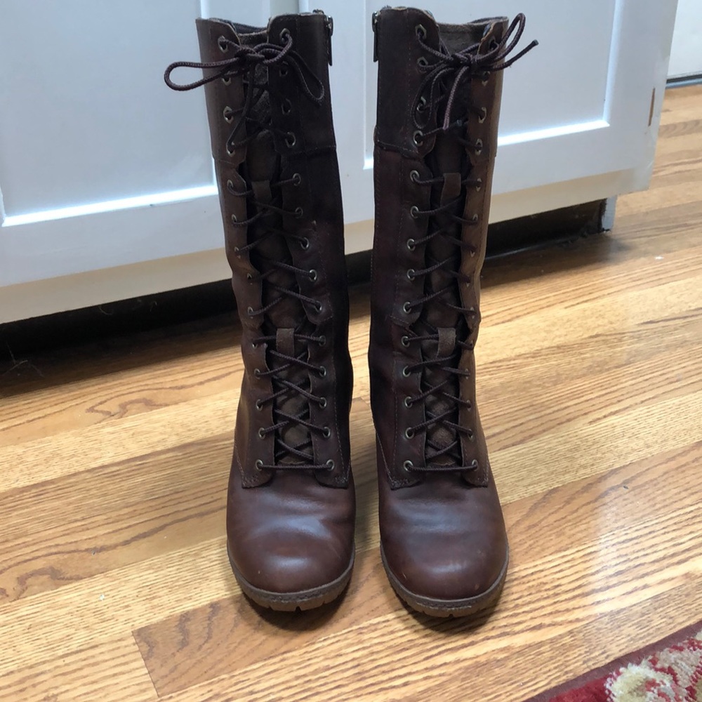 Timberland Lace Up Tall Boots Brown Leather Size 8